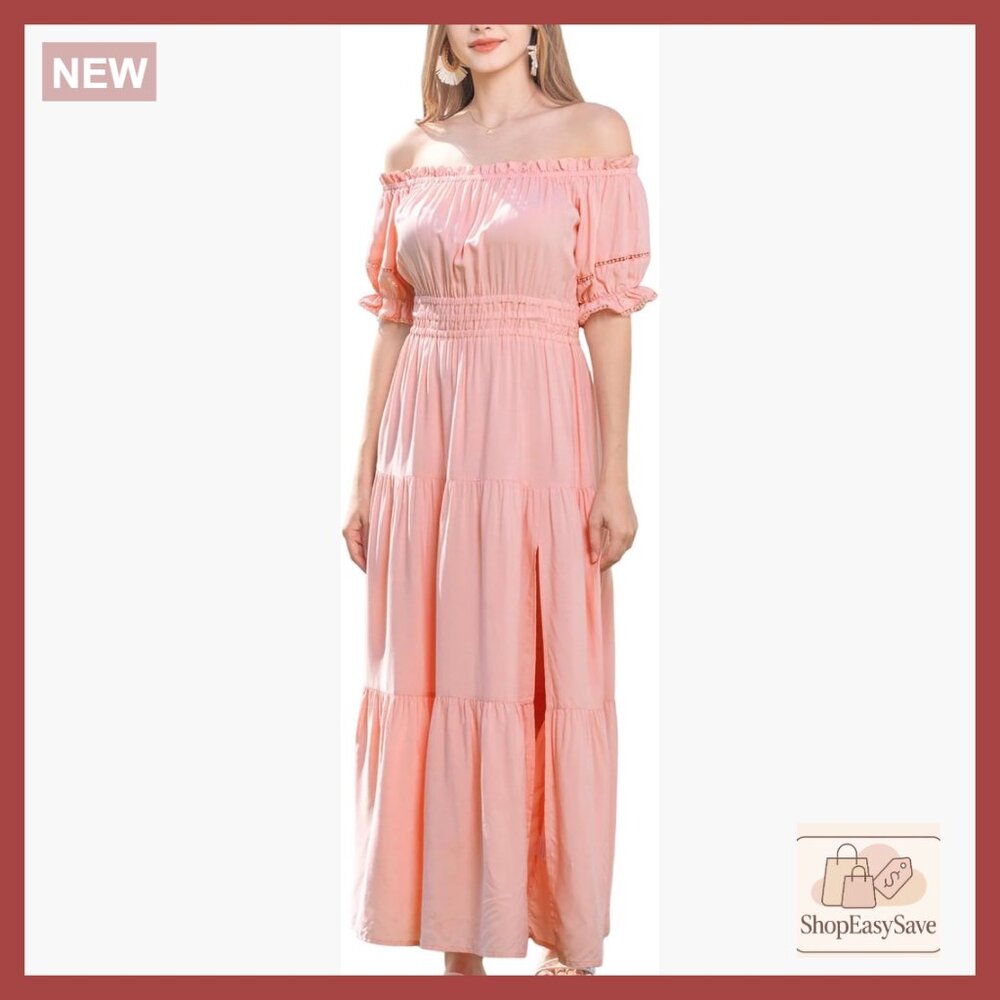 Boho Off Shoulder Smocked Maxi Dress Flowy A-Line Tiered Side Split